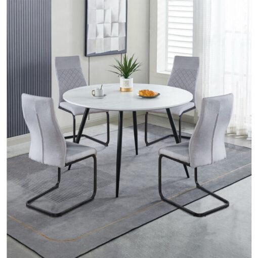 Hallowood Furniture Cullompton Large Round Dining Table and Chairs Set 4, White Marble Effect Kitchen Table with Grey High Back Fabric Chairs, Dining