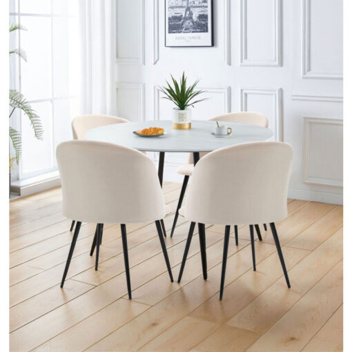 Hallowood Furniture Cullompton Large Round Dining Table and Chairs Set 4, White Marble Effect Top Dining Table 120cm and Curved-Back Beige Fabric