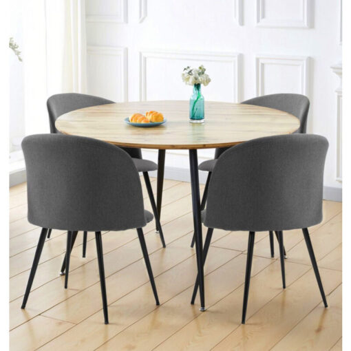 Hallowood Furniture Cullompton Round Dining Table and Chairs Set 4, Dinner Table with Oak Effect Top (1.2m ) and Curved-Back Dark Grey Fabric Chairs,