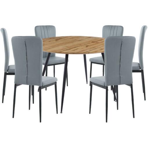 Hallowood Furniture - Cullompton Round Dining Table and Chairs Set 6, Large Dining Table with Oak Effect Top and Grey Faux Leather Chairs, Round