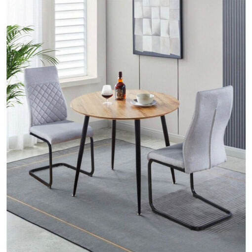 Hallowood Furniture - Cullompton Small Dining Table and Chairs Set 2, Round Dining Table with Oak Effect Top and Grey High Back Dining Chairs, Dining