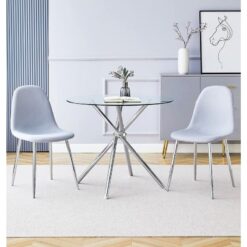 Hallowood Furniture - Cullompton Small Glass Dining Table and Chairs Set 2, Round Dining Table (90cm) and Grey Fabric Chairs, Kitchen Table and