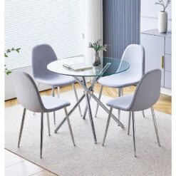 Hallowood Furniture - Cullompton Small Glass Dining Table and Chairs Set 4, Round Dining Table (90cm) and Grey Fabric Chairs, Kitchen Table and