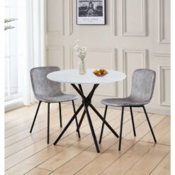 Hallowood Furniture - Cullompton Small Round Dining Table and Chairs Set 2, White Marble Effect Kitchen Table with Leather Effect Grey Dining Chairs,