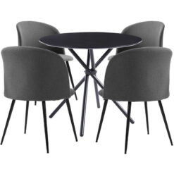 Hallowood Furniture Cullompton Small Round Dining Table and Chairs Set 4, Black Dining Table with Curved-Back Dark Grey Fabric Dining Chairs, Dining