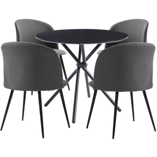 Hallowood Furniture Cullompton Small Round Dining Table and Chairs Set 4, Black Dining Table with Curved-Back Dark Grey Fabric Dining Chairs, Dining