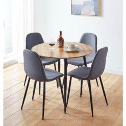 Hallowood Furniture - Cullompton Small Round Dining Table and Chairs Set 4, Brown Oak Effect Small Kitchen Table and Grey Fabric Chairs, Round Coffee