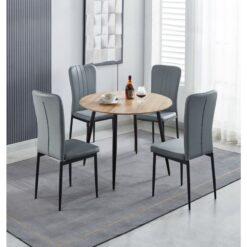 Hallowood Furniture - Cullompton Small Round Dining Table and Chairs Set 4, Wooden Dining Table with Oak Effect Top and Grey Faux Leather Chairs,