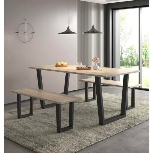 Hallowood Furniture Dudley Dining Table and Bench Set, Industrial Style Dining Table with Black Metal U Shaped Legs (180cm) & 2 Benches, Modern