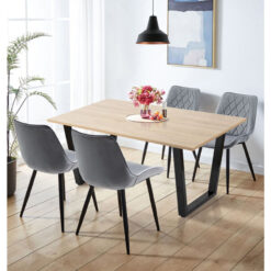 Hallowood Furniture Dudley Large Dining Table and Chairs Set 4, Kitchen Table with U Shaped Metal Legs (150cm) and Grey Fabric Chairs, Dining Room