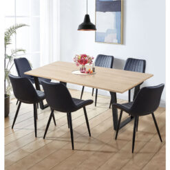 Hallowood Furniture Dudley Large Table and Chairs Set 6, Dinner Table (150cm) with Chunky U Shaped Metal Legs and Black Bonded Leather Chairs, Dining