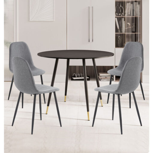 Hallowood Furniture - Finley Small Round Dining Table and Chairs Set 4, Black Kitchen Table and Dark Grey Fabric Chairs with Metal Legs, Dining Table