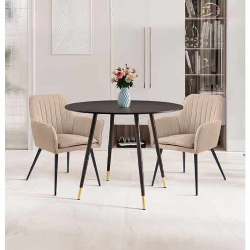 Hallowood Furniture Finley Small Round Dining Table and Chairs Set of 2, Black Finish Kitchen Table and Light Brown Chairs, Dining Room Set for Home,