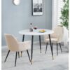 Hallowood Furniture - Finley Small Round Dining Table and Chairs Set of 2, White Marble Effect Kitchen Table and Beige Fabric Armed Chairs, Dining