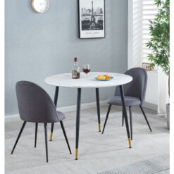 Hallowood Furniture - Finley Small Round Dining Table and Chairs Set of 2, White Marble Effect Kitchen Table and Dark Grey Curved Back Chairs, Dining