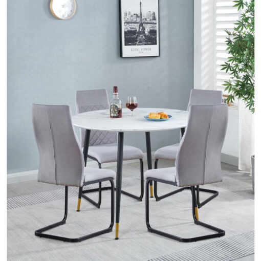 Hallowood Furniture Finley Small Round Dining Table and Chairs Set of 4, White Marble Finish Kitchen Table and Light Grey High Back Chairs, Dining