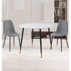 Hallowood Furniture Finley Small Table and Chairs Set 2, Round Dining Table with White Marble Effect Table Top & Dark Grey Fabric Chairs, Dining Room