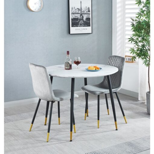 Hallowood Furniture - Finley Table and Chairs Set 2, Small Dining Table & 2 Chairs with Grey Velvet Seat, White Marble Effect Round Table and Chairs,