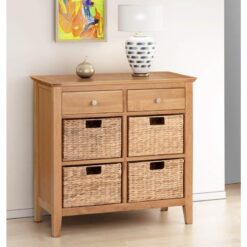 Hallowood Furniture - Hereford Oak Storage Sideboard, Wooden Cabinet with 2 Storage Drawers and 4 Wicker Basket, Shoe Storage, Console Table for