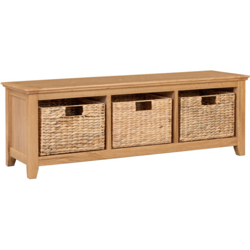 Hallowood Furniture - Hereford Storage Bench, Light Oak Wooden Storage Cabinet with 3 Wicker Baskets, Shoe Storage, Sideboard Cabinet, Living Room