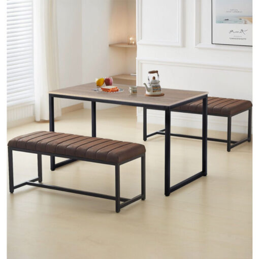 Hallowood Furniture Kempley Small Rectangular Dining Table & Dining Bench Set 2, Kitchen Table with U Shaped Legs (1.2m) and Brown Faux Leather