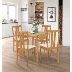 Hallowood Furniture - Ledbury Small Round Dining Table and Chairs Set 4, Drop Leaf Table and Cream Fabric Padded Seat Chairs, Wooden Folding Table