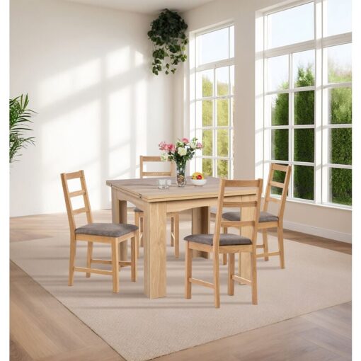 Hallowood Furniture Newquay Oak Dining Table and Chairs Set 4, Flip Top Extending Table & Ladder Back Chairs, Foldable Table and Chairs with Grey