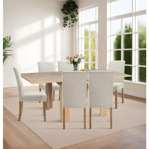 Hallowood Furniture Newquay Oak Dining Table and Chairs Set of 6, Flip Top Extending Table & Upholstered Chairs in Beige Fabric, Folding Dining Table