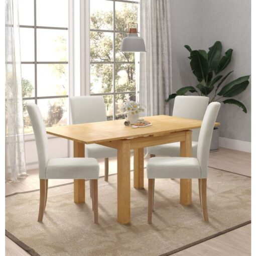 Hallowood Furniture - Waverly Extendable Dining Table and Chairs Set 4, Small Kitchen Table in Light Oak and Beige Upholstered Chairs for Dining