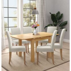 Hallowood Furniture - Waverly Extendable Dining Table and Chairs Set 6, Small Kitchen Table in Light Oak and Beige Upholstered Straight Back Chairs