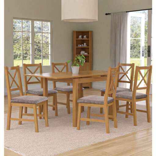 Hallowood Furniture - Waverly Extending Dining Table and Chairs Set 6, Small Kitchen Table in Light Oak and Cross Back Oak Chairs with Grey Fabric