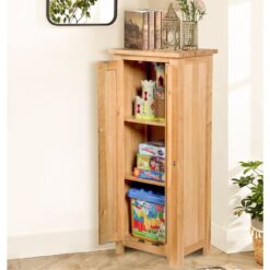 Hallowood Furniture - Waverly Oak Narrow Storage Unit in Light Oak, Solid Wooden 2 Door Cupboard with 2 Adjustable Shelves, Small Cabinet, Small Unit