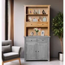 Hallowood Furniture - Waverly Oak Sideboard Top 2 Drawers & Open Shelves, Compact Sideboard Top in Light Oak Finish, Solid Wooden Unit for Kitchen,