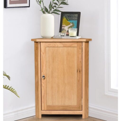 Hallowood Furniture Waverly Oak Small Corner Cabinet, Light Oak Solid Wooden Small Cupboard with 2 Adjustable Shelves for Bedroom, Corner Display