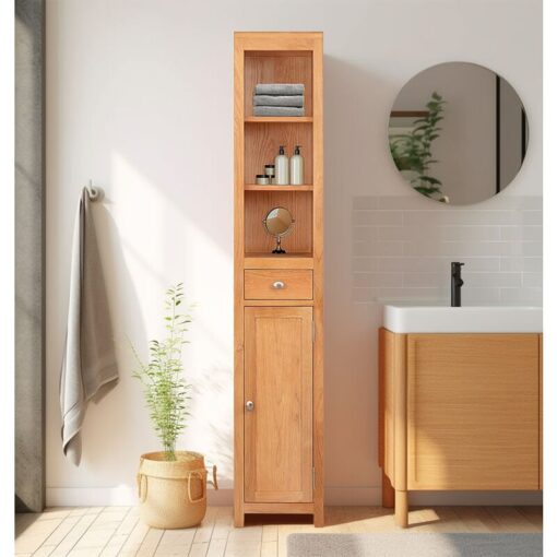 Hallowood Furniture - Waverly Slim Bathroom Storage Unit, Wooden Tall Bathroom Cabinet Free Standing, Narrow Hallway Storage Unit with Display