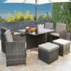 Hestia 9 Piece 8 Seater Rattan Dining Garden Cube Set w/ Parasol Hole - Grey/Grey