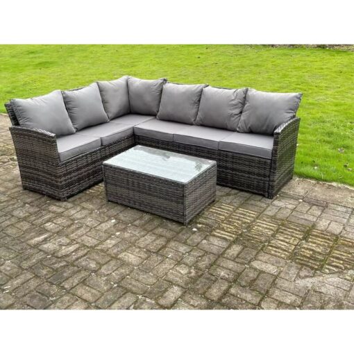 High Back Dark Mixed Grey Rattan Corner Sofa Set Outdoor Furniture Rectangular Coffee Table 6 Seater