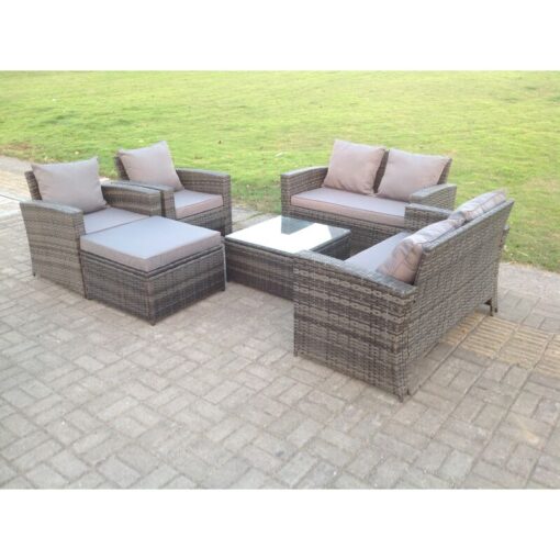 High Back Dark Mixed Grey Rattan Sofa Set Outdoor Furniture Square Coffee Table Big Footstool Chairs 2 Seater Love Sofa 7 Seater