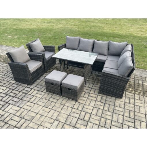 High Back Outdoor Garden Furniture Set Rattan Corner Sofa Dining Table Set With Armchairs 2 Small Footstools 10 Seater Dark Grey Mixed - Fimous