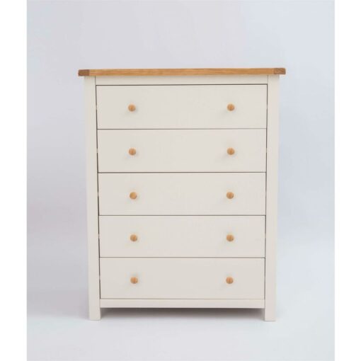 Home Source - 5 Drawer Chest Off White Bedroom Furniture Clothing Storage Country Wood Unit - Off White