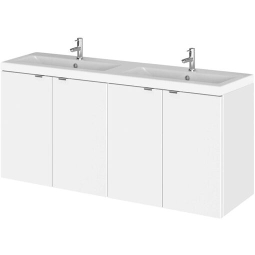 Hudson Reed - Fusion Wall Hung 4-Door Vanity Unit with Double Ceramic Basin 1200mm Wide - Gloss White