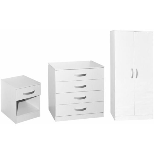 Hulio 3 Piece Bedroom Furniture Set High Gloss Bedside Table, Chest of Drawers & Wardrobe, White