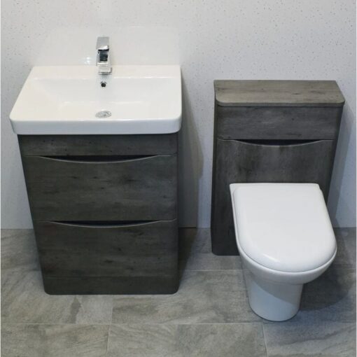 Hydros - Aegean Dark Concrete Grey Bathroom Furniture Set 600mm Basin Unit + Toilet, No Tap - Dark Concrete