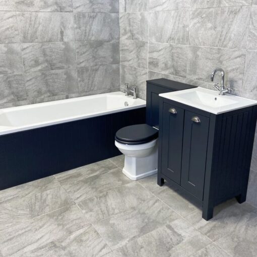 Hydros - Derby Indigo Blue Bathroom Furniture Suite Sink Storage Unit + Toilet + Bath, With Taps & Wastes-No End Panel - Indigo Blue