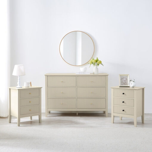 Large Chest of Drawers and Pair of Bedside Tables - Hales Taupe Range - Taupe, Gold