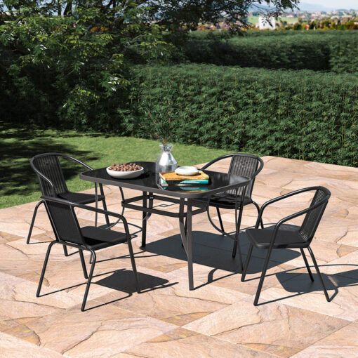 Livingandhome - Black Set of 5 Garden 120CM Rectangle Glass Umbrella Table and Stackable Chairs Set