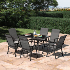 Livingandhome - Black Set of 7 Garden 120CM Rectangle Glass Umbrella Table and Folding Chairs Set