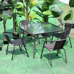 Livingandhome - Garden Ripple Glass Square Table And Stackable Chair Set With Umbrella Hole, Black Table + 4 Chairs