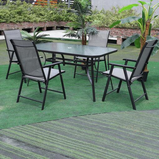 Livingandhome - Set of 5 Garden 150CM Ripple Glass Rectangle Umbrella Table and Folding Chairs Set, Black