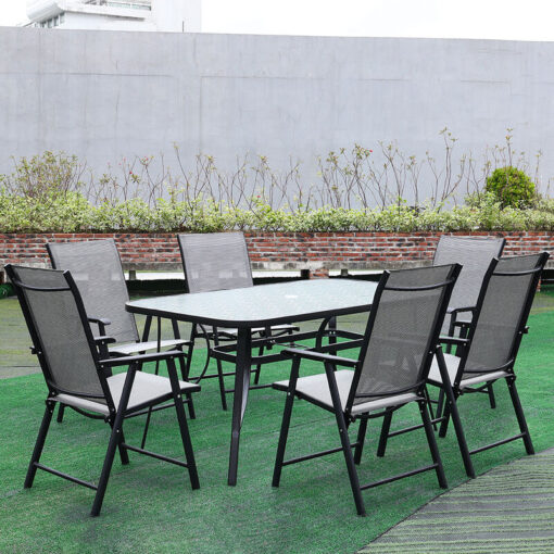 Livingandhome - Set of 7 Garden 150CM Ripple Glass Rectangle Umbrella Table and Folding Chairs Set, Black